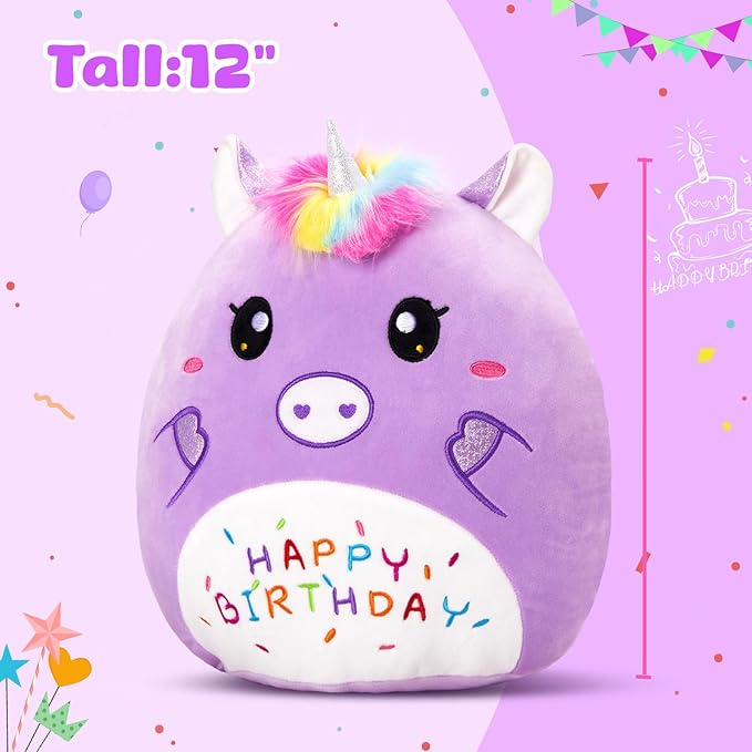 12” Birthday Unicorn Plush Pillow,Cute Unicorn Stuffed Animal,Soft Plushies Pillow,Happy Birthday Plush Toy Gifts for Kids Toddlers Girls Boys Room Decor (Purple)
