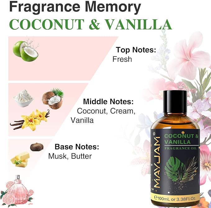 MAYJAM Coconut & Vanilla Fragrance Oils Essential Oil - Coconut & Vanilla Oil for Diffusers, 3.38FL.OZ/100ML Large Volume Fragrance Oil with Premium Glass Dropper