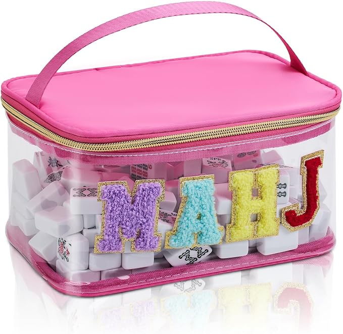 Handheld Mahjong Tile Bag, PVC Clear Mahjong Bag for 166 American Mahjong Tiles, Waterproof Mah Jong Case with Zipper & Lettters for Game Lover Gift Travel, Case Only(Hot Pink)