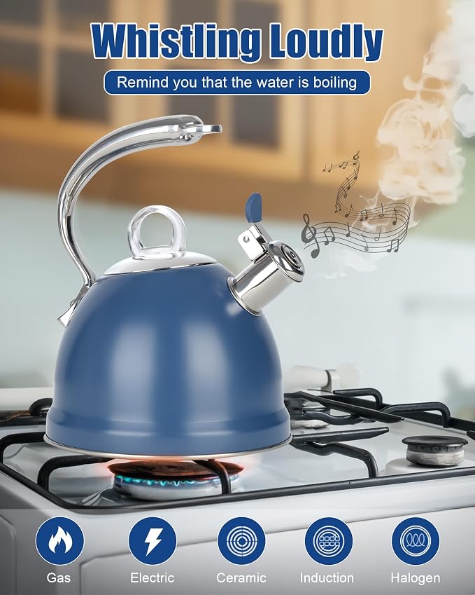 Harriet Tea Kettle Stovetop, 2.5 Quart Whistling Stainless Steel Tea Pot, 3-Layer Base, Unique Ergonomic Handle, Includes Pot Holder & Mat, Electric/Induction/Gas Stovetops Applicable, Blue