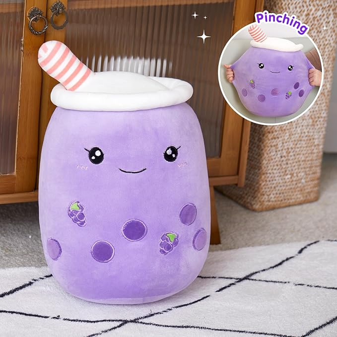 Athoinsu Purple Grape Boba Tea Plush Pillow 20'' Giant Kawaii Stuffed Bubble Animal Toy Birthday Christmas Holiday Valentines Gifts for Kids,Girls,Boys