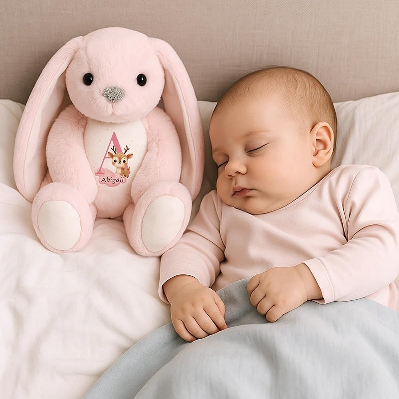Bunny Stuffed Animal with Custom Name Initial - Personalized Plush Bunny for Newborn Boy Girl, Baby Shower Gifts, Wedding Flower Girl Gift, Easter Rabbit for Kids