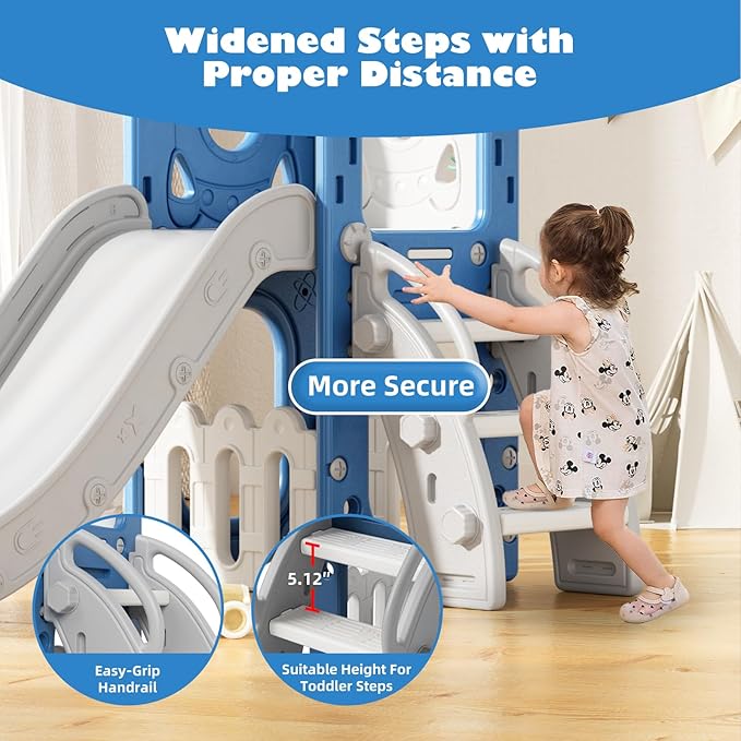 Glaf Toddler Slide 6 in 1 Outdoor Playset Indoor Playground for Kids Toddlers Age 1-3 Baby Slide with Basketball Hoop and Ball Storage Space and Telescope Freestanding Climber Slides Toys (Blue)