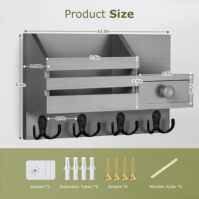 Key Holder Wall Mount, Wooden Key and Mail Organizer, Gray | 2 Mount Options, Includes 8 Hooks, Fence Mail Slot, Small Drawer and Shelf, for Entryway, Hallway, Doorway, Living Room, RV