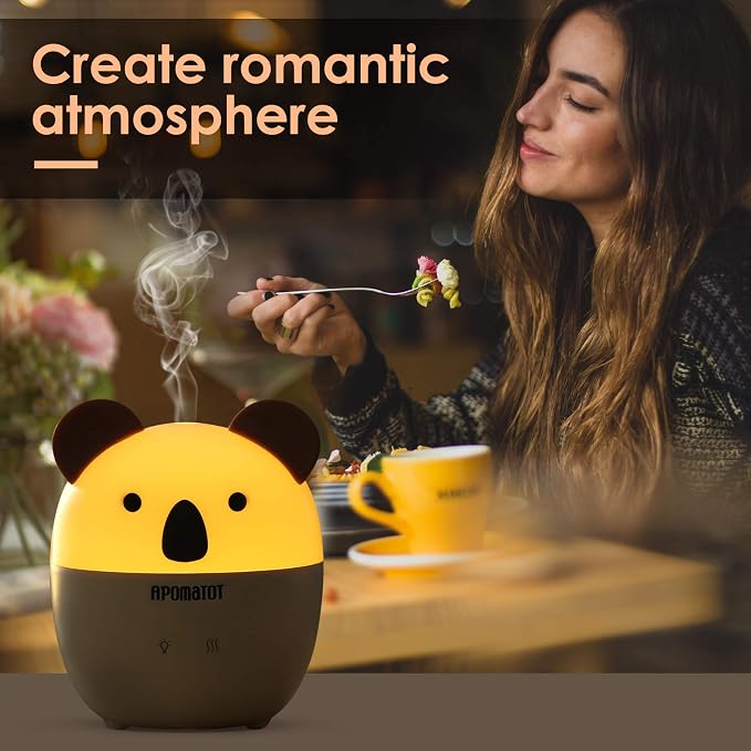 Small Essential Oil Diffuser,160ml Cute Koala Cartoon Aromatherapy Diffusers with Auto Shut-Off Function,Cool Mist Humidifier with Warm White Lights for Home Office Bedroom