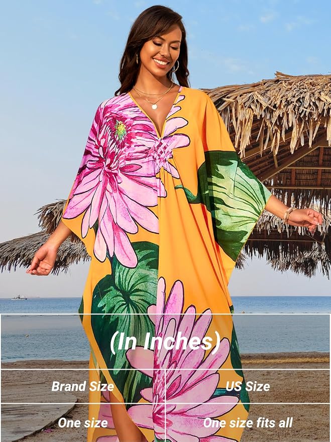 ChiaoLezhee Print Moo-Moos for Women, Kaftan Cover-Up Dresses, Sexy V-Neck High-Slit, Beach Pool-Party Coverups Muumuu Plus