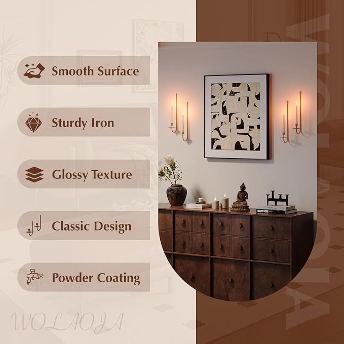 Metal Wall Candle Sconce Holder Set of 4 Wall Mount Candle Holder Pillar Holder Brass Modern Wall Candle Sconces Hanging for Living Room Farmhouse Fireplace Wedding