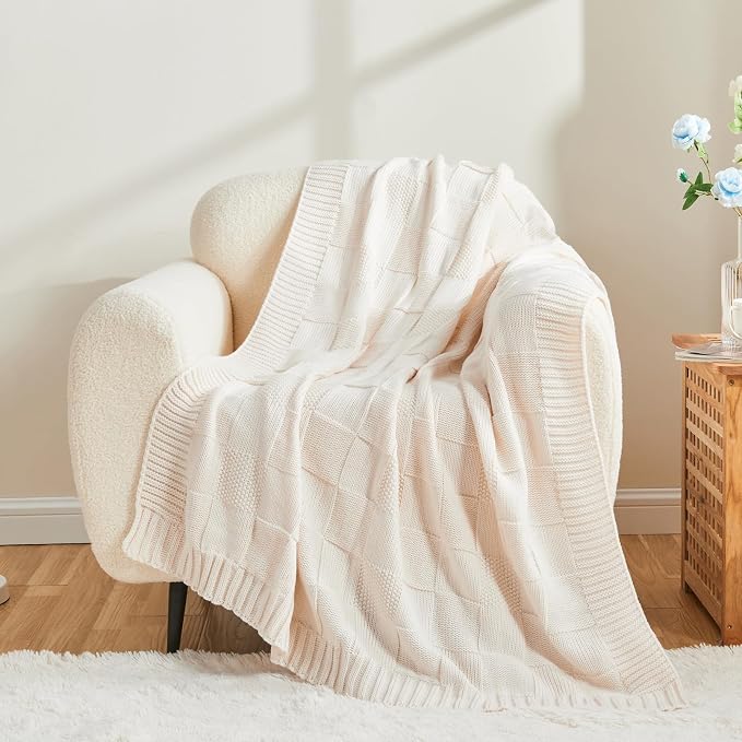 CozeCube Cream White Knitted Checkered Throw Blanket 50"X60" | Check Knit Throw for Couch, Decorative Christmas Soft Cozy Warm Blanket for Bed Sofa Living Room