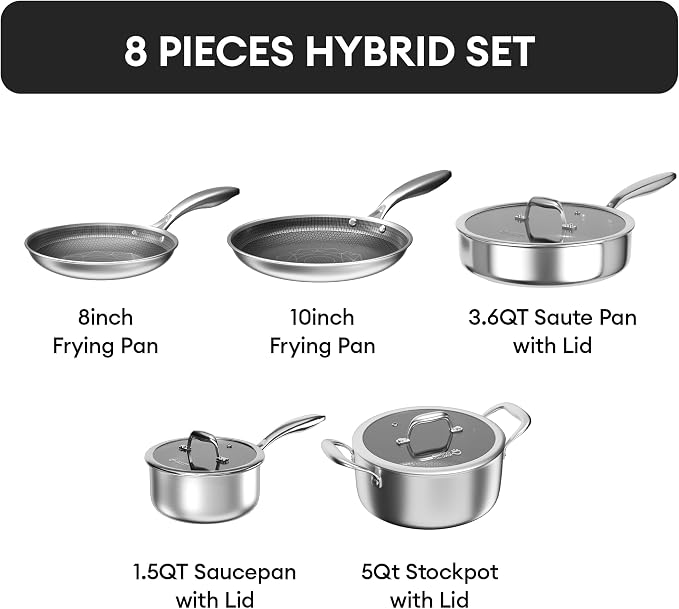 COOKER KING Hybrid Stainless Steel Cookware Set, 8pcs Pots and Pans Set | Hybrid, Non Stick, Non Toxic, PFOA Free, Induction Compatible, Oven and Dishwasher Safe, Stay-Cool Handles