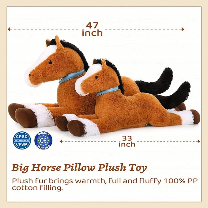 MaoGoLan Large Horse Stuffed Animal for Boy, Big Horse Plush Toy for Girl, Ridable Stuffy Pony for Kid, Stuffed Pony Plush Pillow for Baby Shower, Birthday Gifts or Party Favor, 33 inches, Tan