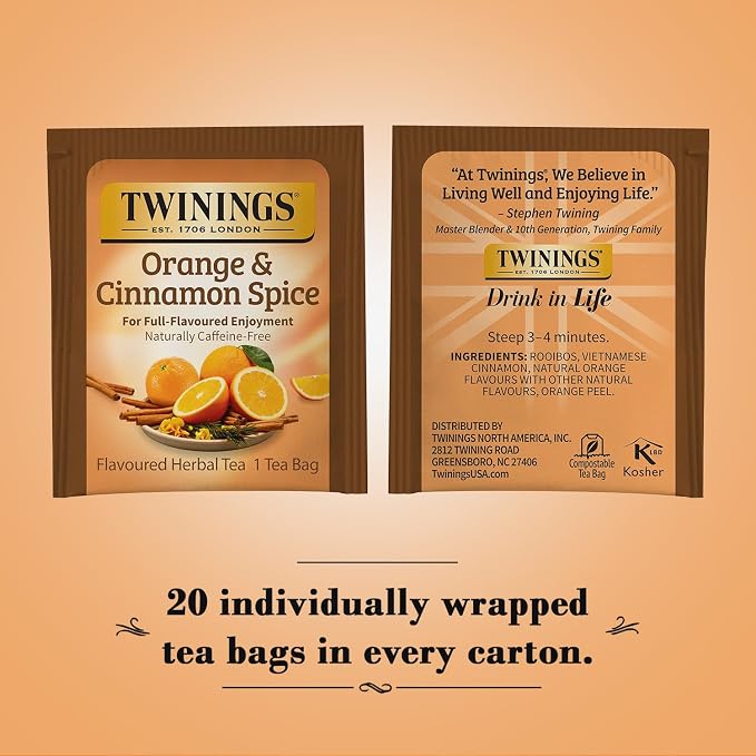 Twinings Orange & Cinnamon Spice Tea, Naturally Caffeine-Free Sweet and Spicy Tea with Rooibos, Orange, and Cinnamon, Herbal Tea Bags Individually Wrapped, 20 Count