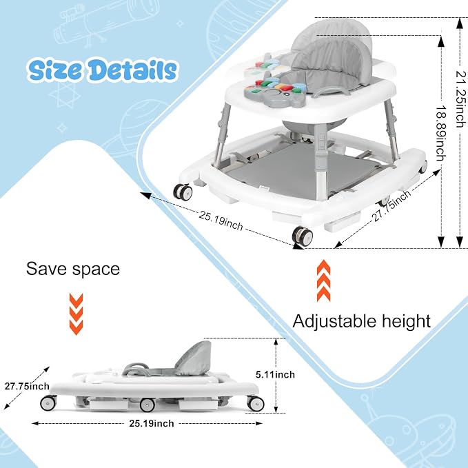 5-in-1 Baby Walker for Boys and Girls Music and Lights 6-18 Month, Foldable Baby Walkers with 5 Adjustable Heights, Infant Toddler Walker with Wheels and Bouncer Combo Portable (White)