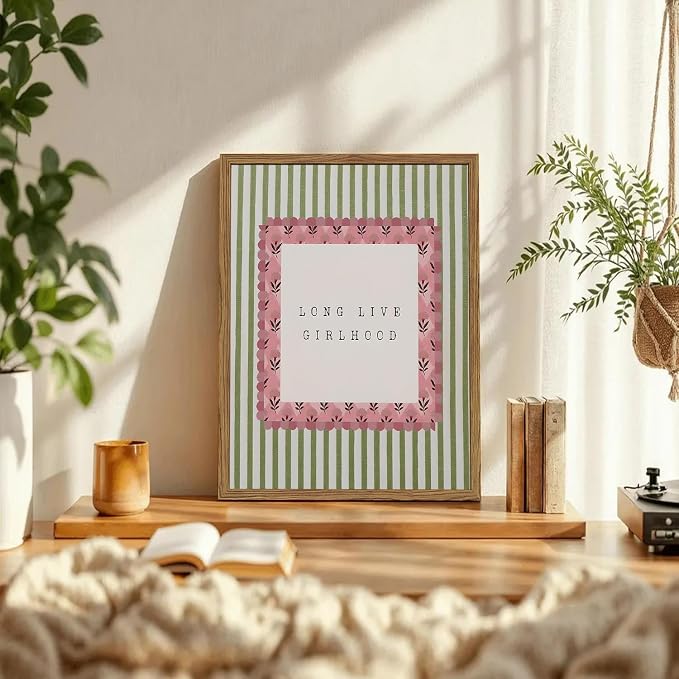 Long Live Girlhood Wall Art Vintage Girl Nursery Wall Decor Picture, Pink and Green Striped Baby Girls Poster Canvas Print Painting Artwork for Living Room Bedroom 16x24 inch Wood Framed