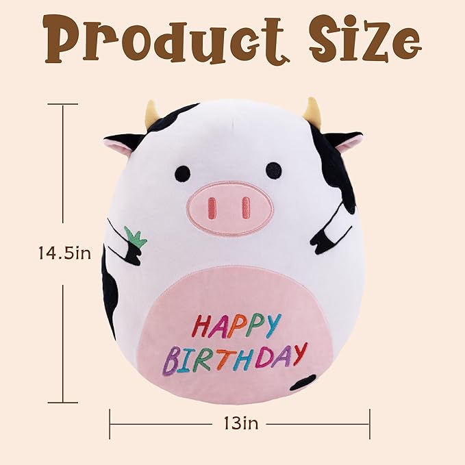 14.5" Birthday Cow Plush Pillow Black Cow Stuffed Animal Cute Soft Body Pillow Hugging Doll Toy Home Happy Birthday Decoration Gifts for Kids Girls and Boys