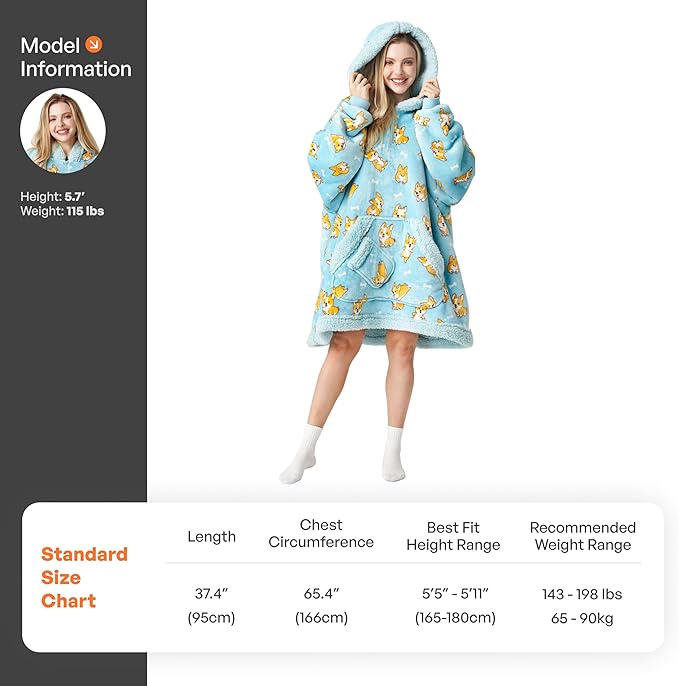 Giggling Getup Wearable Blanket Hoodie for Adults Gifts for Teen Girls Sister Women Sherpa Fleece Printed Hooded Blanket Sweatshirt Warm Cozy with Pocket & Sleeves Blue Corgi