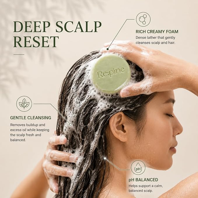 Re:pine Scalp Balancing Shampoo Bar - Balancing for Sensitive Scalp, Thinning hair | Korean Hinoki oil & Pine polyphenols, Rice Protein | Lightweight Volume, Sulfate-Free (4.2 oz)