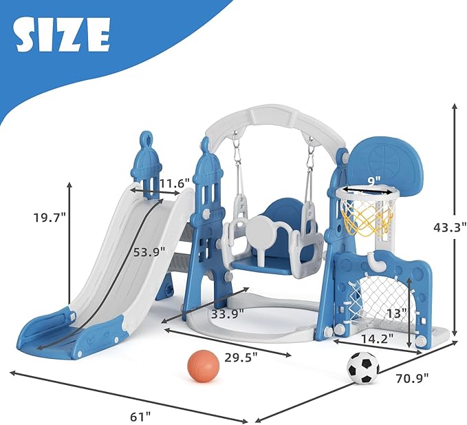 XJD 6-in-1 Toddler Slide and Swing Set, Kids Slide for Toddlers Age 1+, Toddler Outdoor Playset with Basketball Hoop, Football Frame, Swing, Outdoor Indoor Playground for Toddlers 1-3 (Blue)