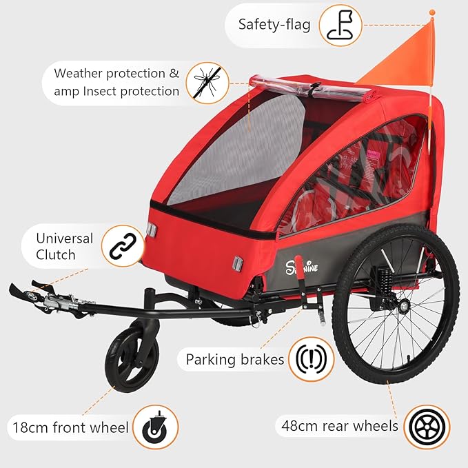 Sepnine 2-in-1 Kids Bike Trailer and Stroller with Suspension – Bike Trailer for 1 to 2 Children, Jogging Function, Foldable, 5-Point Harness, Spacious Storage, with Bug Screen and Weather Shield