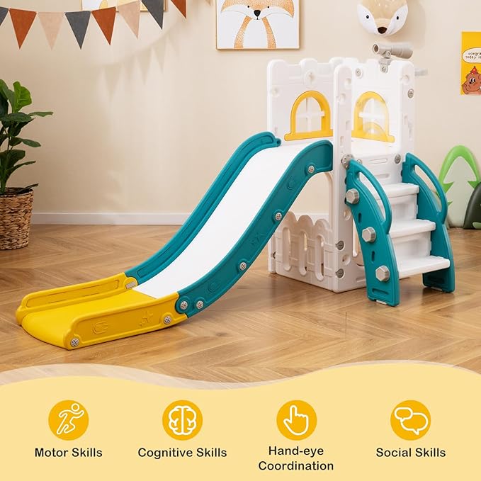BABY JOY Toddler Slide, 6-in-1 Indoor Kids Slide Playset with Basketball Hoop, Telescope, Climbing Ladder & Storage Space, Freestanding Playhouse & Climber for Kids Aged 1-3 (Yellow)