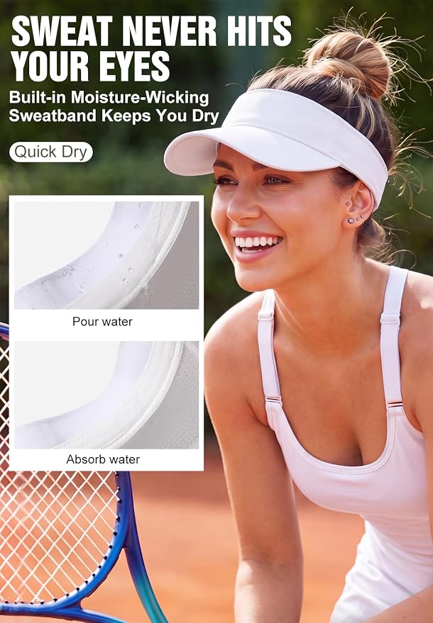 Zando 3.2" Structured Brim Visor Hats for Women, UPF 50+, Golf/Tennis | 3.2"Structured Brim Adds Sun Coverage, Steady View, Quick-dry Sweatband, Open-Top Ponytail Fit, Adjustable Fit & Lightweight