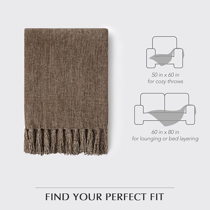 Chenille Knit Throw Blanket for Couch, 60"x80", Mocha Brown | Cozy Plush Fuzzy Knittd Throw with Tassels, Lightweight, Decorative, Farmhouse Decor, Ideal for Bed Sofa Gift, All Seasons