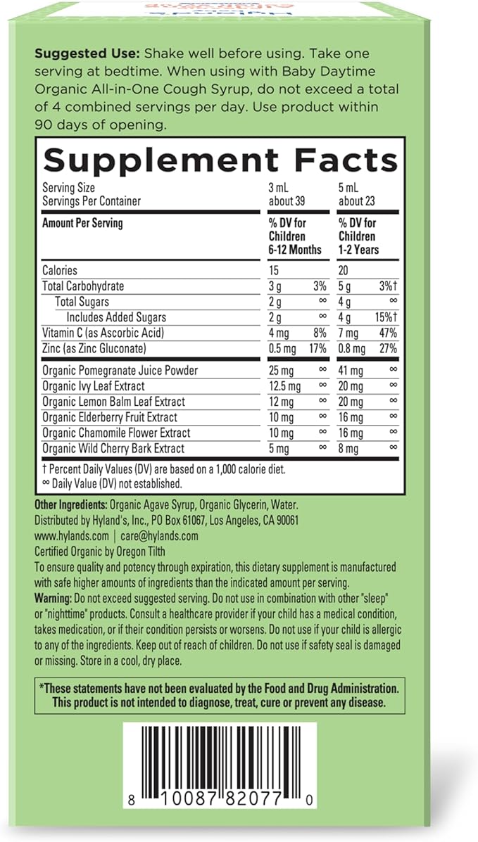 Hyland's Baby Organic All in One Nighttime Cough Syrup + Immune Support with Elderberry, Vitamin C, Zinc & Chamomile, 4 Fl Oz