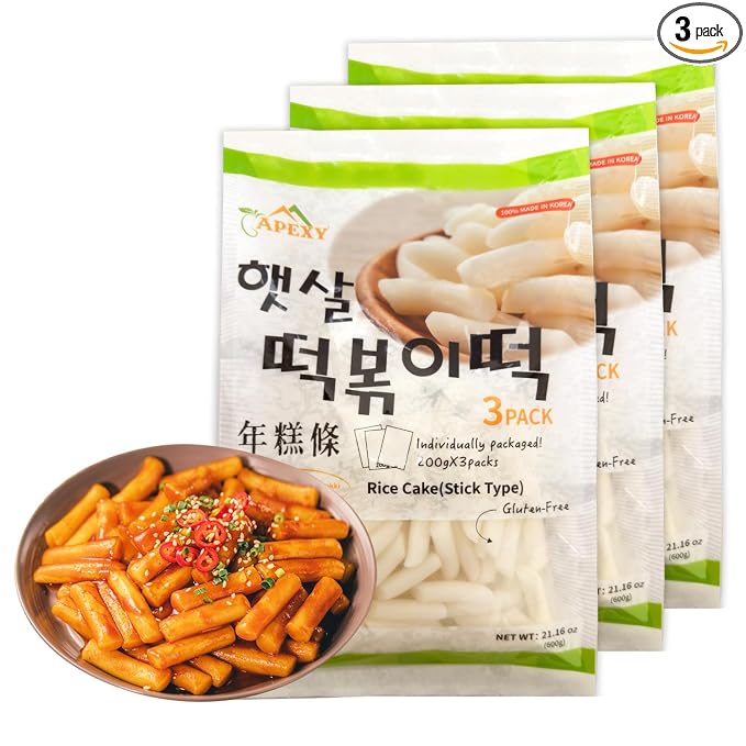 APEXY Korean Rice Cakes for Tteokbokki, Authentic Chewy Korean Rice Cake Sticks, Gluten Free, Vegan, Non-GMO Topokki Rice Cakes for Asian Cooking & Spicy Rice Cake Recipes, 21.16 oz Pack of 3