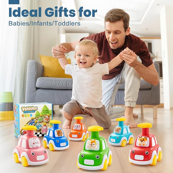 Jyusmile Press and Go Car Toddlers Toys for 1-2 Year Old Boy, 6 Pack Animal Baby Cars Toys for Age 0-2, Infant Push Go Vehicle Toys for 6-9-12-18 Months, First Birthday Gifts for 1-3 Boys Girls