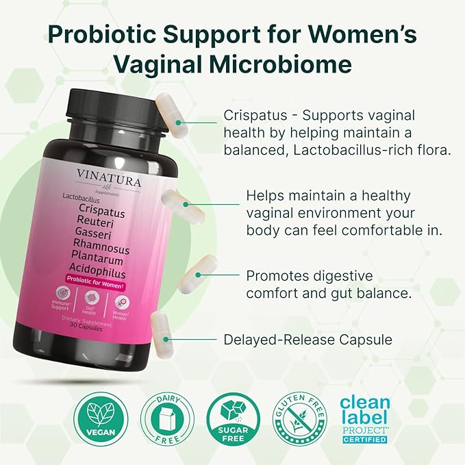 VINATURA Lactobacillus Rhamnosus, Reuteri, Gasseri, Plantarum, Crispatus, Acidophilus Probiotics - Probiotics for Women, Women Vaginal Health, Gut and Digestive Health - 30 Capsules