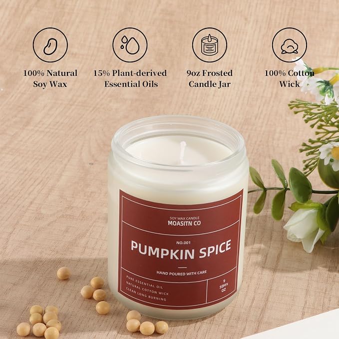MOASITN Pumpkin Spice Fall Candle for Home Scented| Organic Soy Non Toxic Candles| Long Clean Burning Aromatheraphy Jar Candel| Women,Men Gift for Autumn,Winter,Relaxing| 9oz (9oz, pumpkin spice fall)