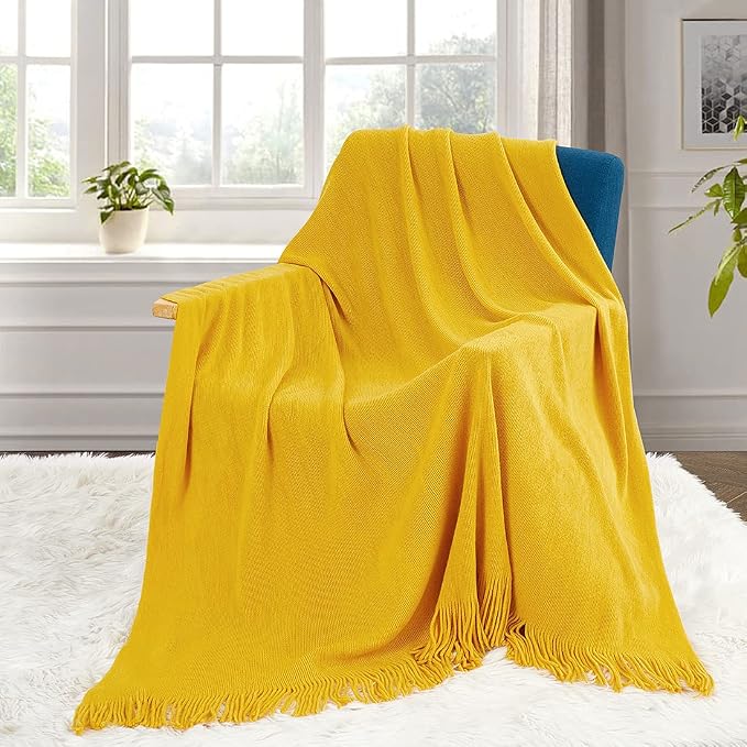 Homiest Mustard Yellow Knitted Throw Blanket with Fringe, 50x60 Inch | Pure Acrylic, Lightweight & Breathable, All-Season Use, Machine Washable, Wrinkle & Fade Resistant, for Couch Sofa And Bed