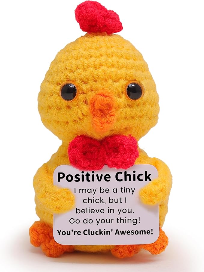 Mini Funny Positive Chick, Knitted Wool Chick Toy with Positive Card - Creative Cute Crochet Doll Emotional Support Cheer Up Keepsake Gift for Friends, Student, Christmas