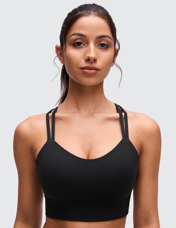 CRZ YOGA Softness Mold Butterluxe Strappy Longline Sports Bras for Women - Double Spaghetti Strap Workout Yoga Crop Top