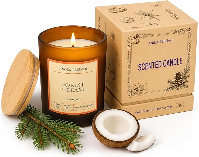 Fir & Coconut Scented Soy Candle 10 oz (Forest Cream) – Hand-Poured – Woody Coconut Aromatherapy – 42Hr Burn – Wooden Lid – Gift for Women