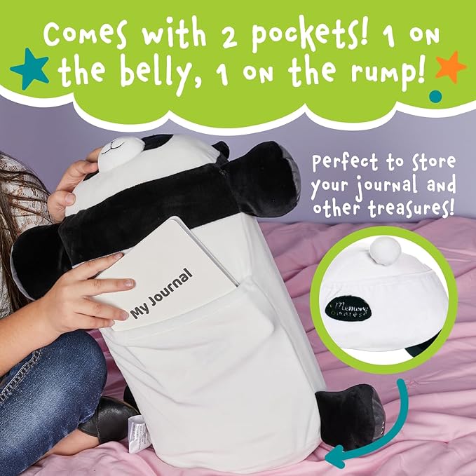 Cuddly Memory Foam Pillow Plush with Belly Pocket, Kids Pillow for Hugging Sleeping & Storing Diary, 15” Stuffed Animal & Journal Set - Booski The Panda