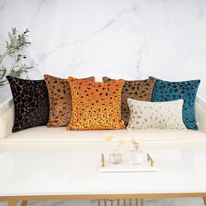 Alerfa Green Brown Floral Throw Pillow Cover 20 x 20 Inch Cut Velvet Sqaure Luxury Decorative Pillow Cover for Couch Living Room Bedroom