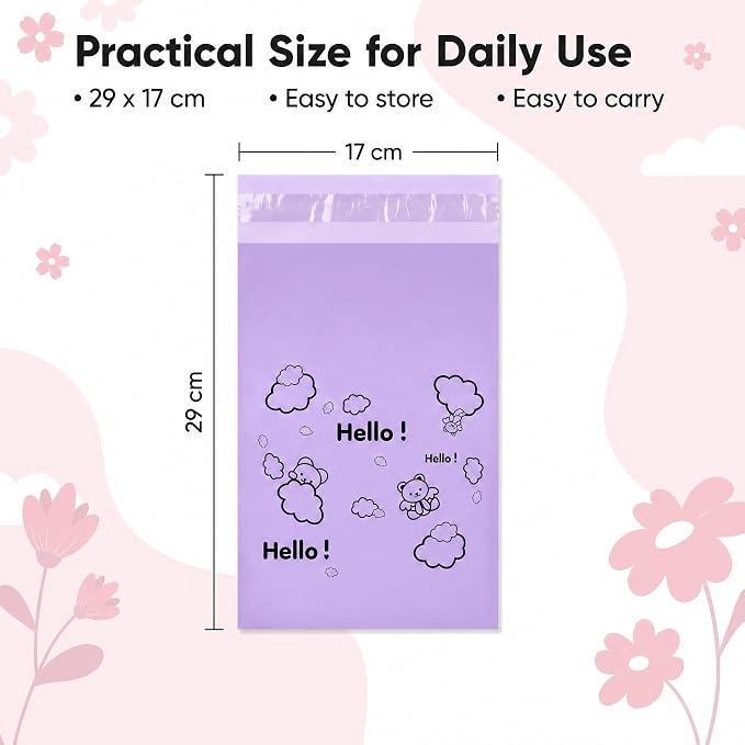 [110 Count] Bynibiny Purple Feminine Hygiene Disposal Bags for Pads | PE Self-Sealing Sanitary Napkin Bags with Adhesive Strip, 29x17cm, Teddy Bear Print, Discreet for Bathroom, Travel, Office