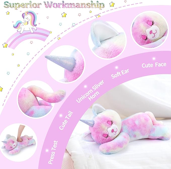 24'' Large Unicorn Cat Plush Stuffed Animal- Unicorn Cat Plush Pillow Plushies, Big Cute Sleeping Huggable Plushie Toy, Stuffed Animal Toys Girls Birthday Gifts for Kids Girls Boys