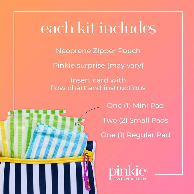 Pinkie First Period Prep Pouch w/ 4 Organic Cotton Pads for Teens & Tweens | First Period Travel Pouch with Mini, Small & Regular Ultra Thin Pads with Wings for Tweens & Teens; Fragrance & Chlorine Free