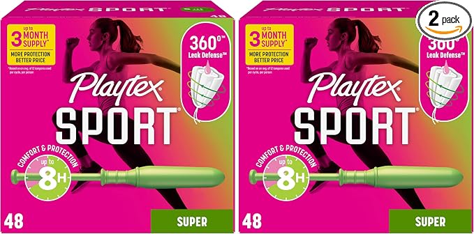 Playtex Sport Tampons Super Absorbency, Fragrance-Free - 48ct | Super Tampons for Women, Feminine Care, Playtex Tampon with 360 Leak Defense (Pack of 2)