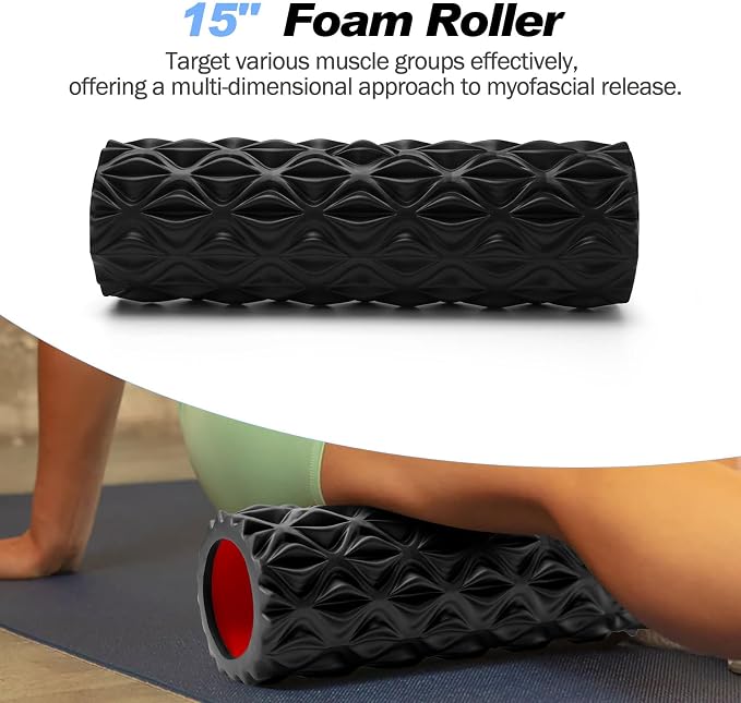 JOYENERGY 5 in 1 Foam Roller Set Trigger Point Foam Roller, Massage Roller Stick, Massage Ball, Stretching Strap for Deep Muscle Massage Pilates Yoga, Fitness Exercise for Whole Body (Black Diamond)