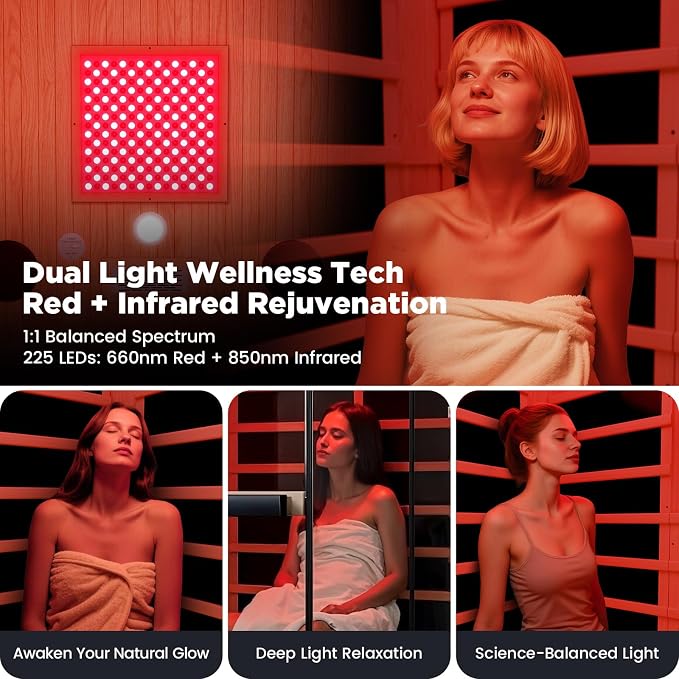 2-Person FAR Infrared Sauna for Home & Gym, Himalayan Salt Rocks Plus 12" * 12" Red Light Therapy & 2 Speakers, 1990W Canadian Hemlock Wood Indoor Dry Spa