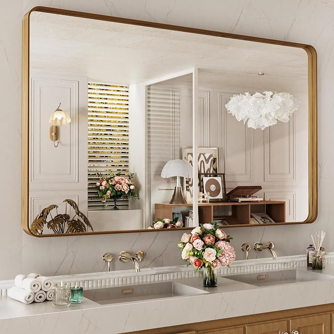 LOAAO 60X28 Inch Bathroom Mirror with Wood Grain Colored Metal Frame | Rounded Rectangle Metal Framed, Anti-Rust, Hangs Horizontally or Vertically, Tempered Glass