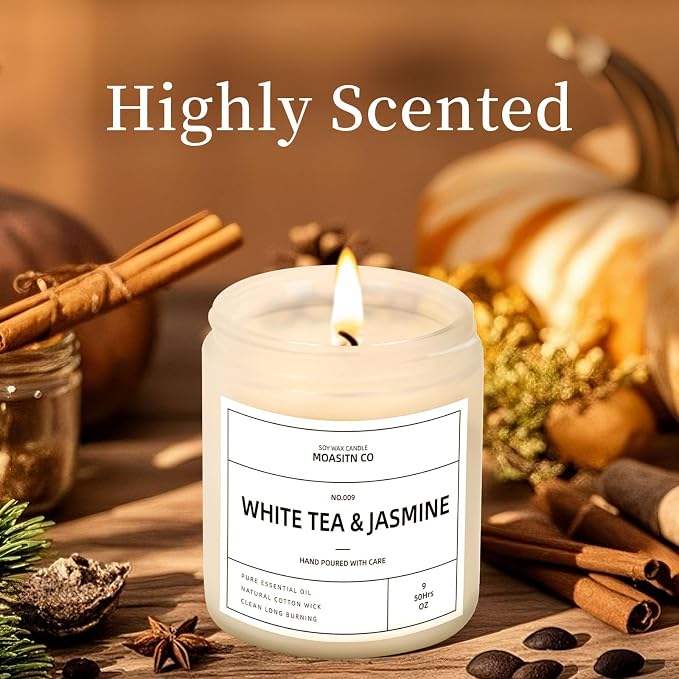 White Tea & Jasmine Candle for Home Scented| Natural Soy Non Toxic Candles| Long Clean Burning Aromatheraphy Jar Candel| Women,Men Gift for Autumn,Winter, Halloween,Relaxing| 9oz