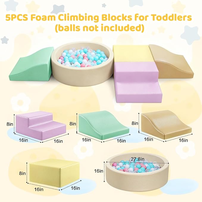 Hoohtoot Foam Climbing Blocks for Toddler: with 4-Piece PU Leather Climbing Toys and a Ball Pit - Foam Ball Pit for Toddlers - Climbing Toys Indoor for Kids Crawling (Yellow Climbing Blocks)