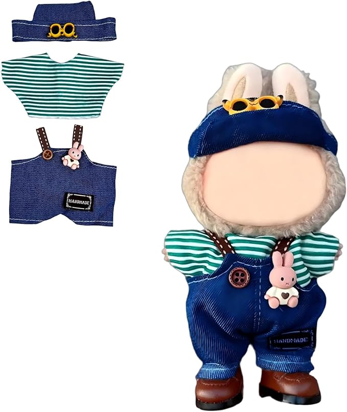 17cm Doll Clothes(NO Doll), Cute Dolls Outfit Accessories with Hat + Striped Top + Suspenders Pants, Small Kawaii Clothes Set for Dolls(Style 11)