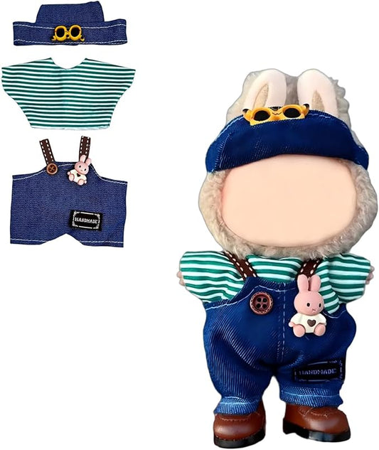17cm Doll Clothes(NO Doll), Cute Dolls Outfit Accessories with Hat + Striped Top + Suspenders Pants, Small Kawaii Clothes Set for Dolls(Style 11)