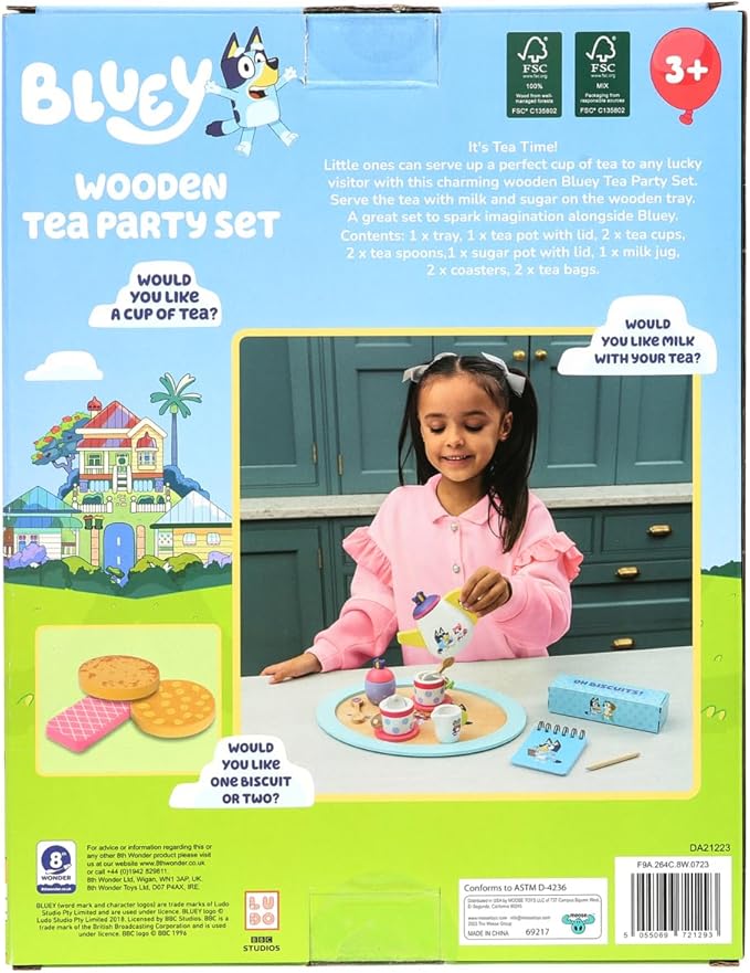 8th Wonder Bluey Toys Wooden Tea Party Set, 18-Piece Durable Toy Tea Set with Tray, Teapot, Teaspoons, and More, Pretend Play for Toddlers of Ages 3+