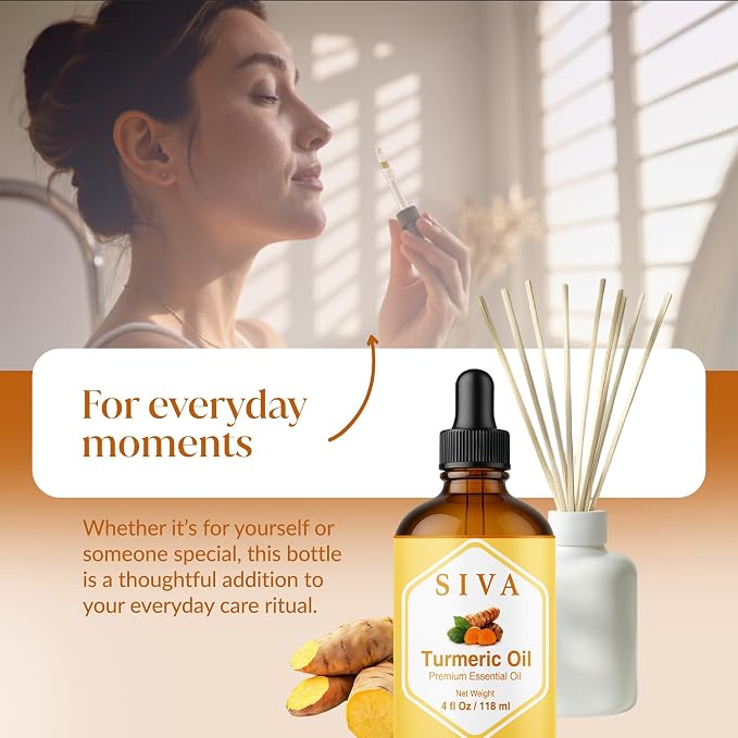 Siva Turmeric Essential Oil 4 Fl Oz – for Diffuser, Skin & Hair Care – Ideal for Massage & DIY Blends- with Dropper