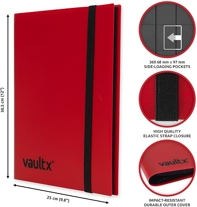 Vault X 9 Pocket Standard Strap Binder, Holds 360 Trading Cards in 20 Side-Loading Pages (Red)